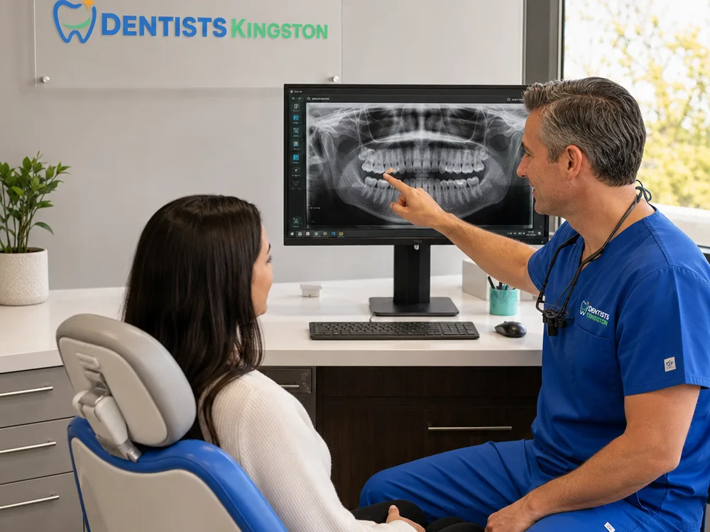 Dentist reviewing dental X-rays with a patient and explaining the findings
