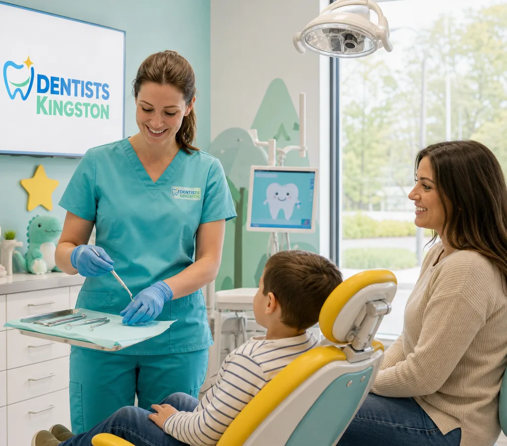 Bright pediatric dental operatory with a child-sized chair, a clinician preparing instruments, and a parent seated nearby