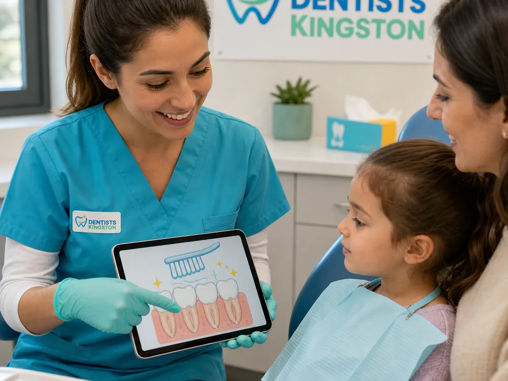 Dentist showing a child and parent a simple teeth diagram on a tablet beside child-friendly dental instruments