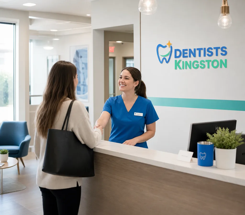 Patient being welcomed by a dental team member in a bright, modern Kingston dental office