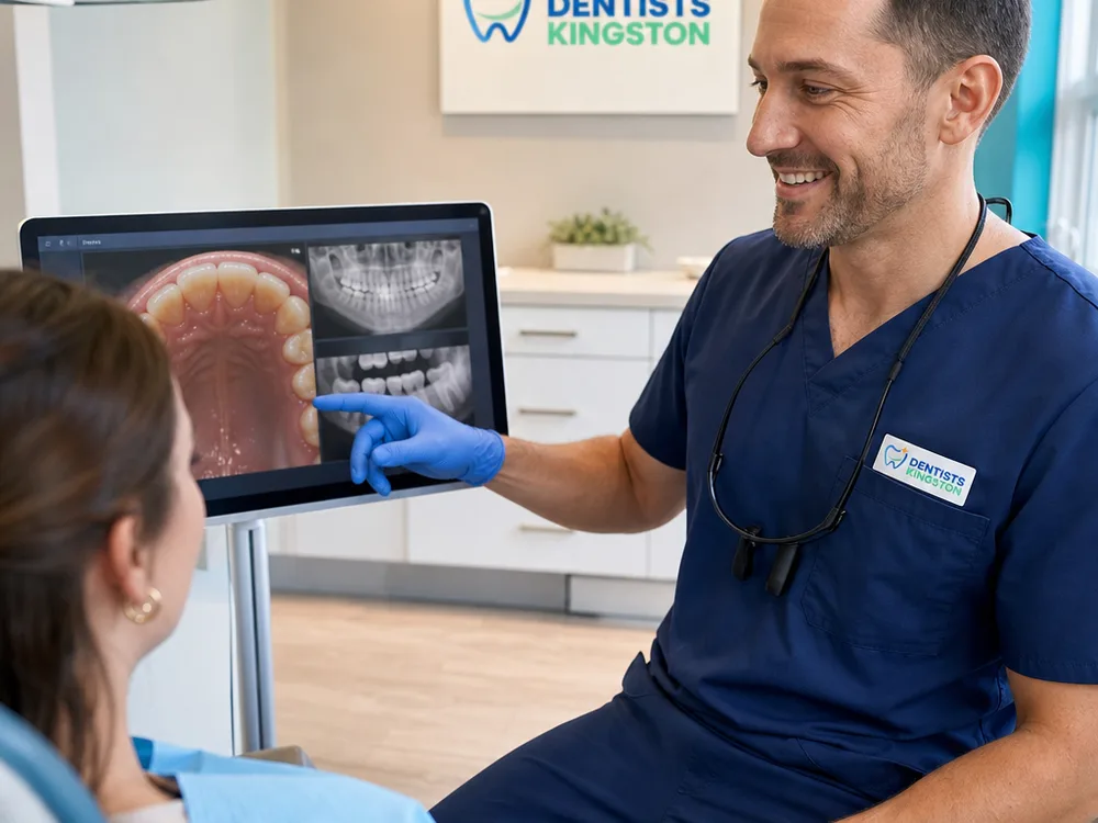 Dentist explaining an intraoral camera image to a patient on an operatory monitor