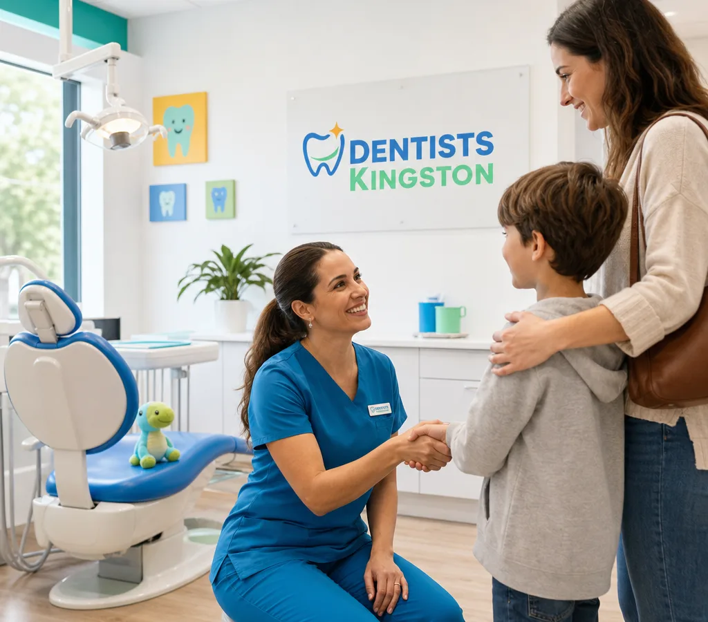 Bright pediatric dental operatory where a clinician calmly greets a parent and child