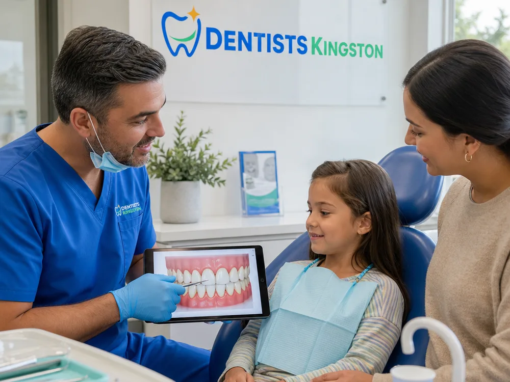 Dentist explains a child's teeth to a parent with a chairside visual while the child sits comfortably