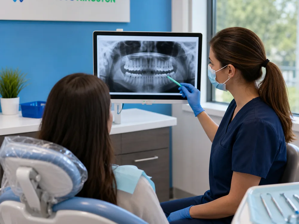 Dentist reviewing digital X-rays with a patient during a clear first-visit conversation